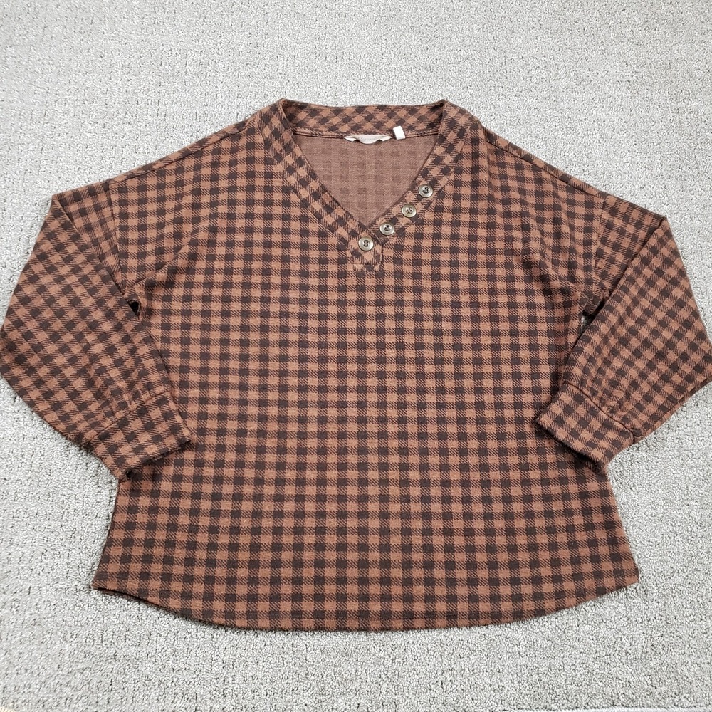 Soft Surroundings Top Womens Large Brown Plaid Knit V-Neck Button Boho Blouse